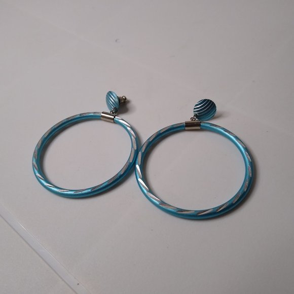 Blue Metal Large Dangle Hoop Earrings - Picture 2 of 13